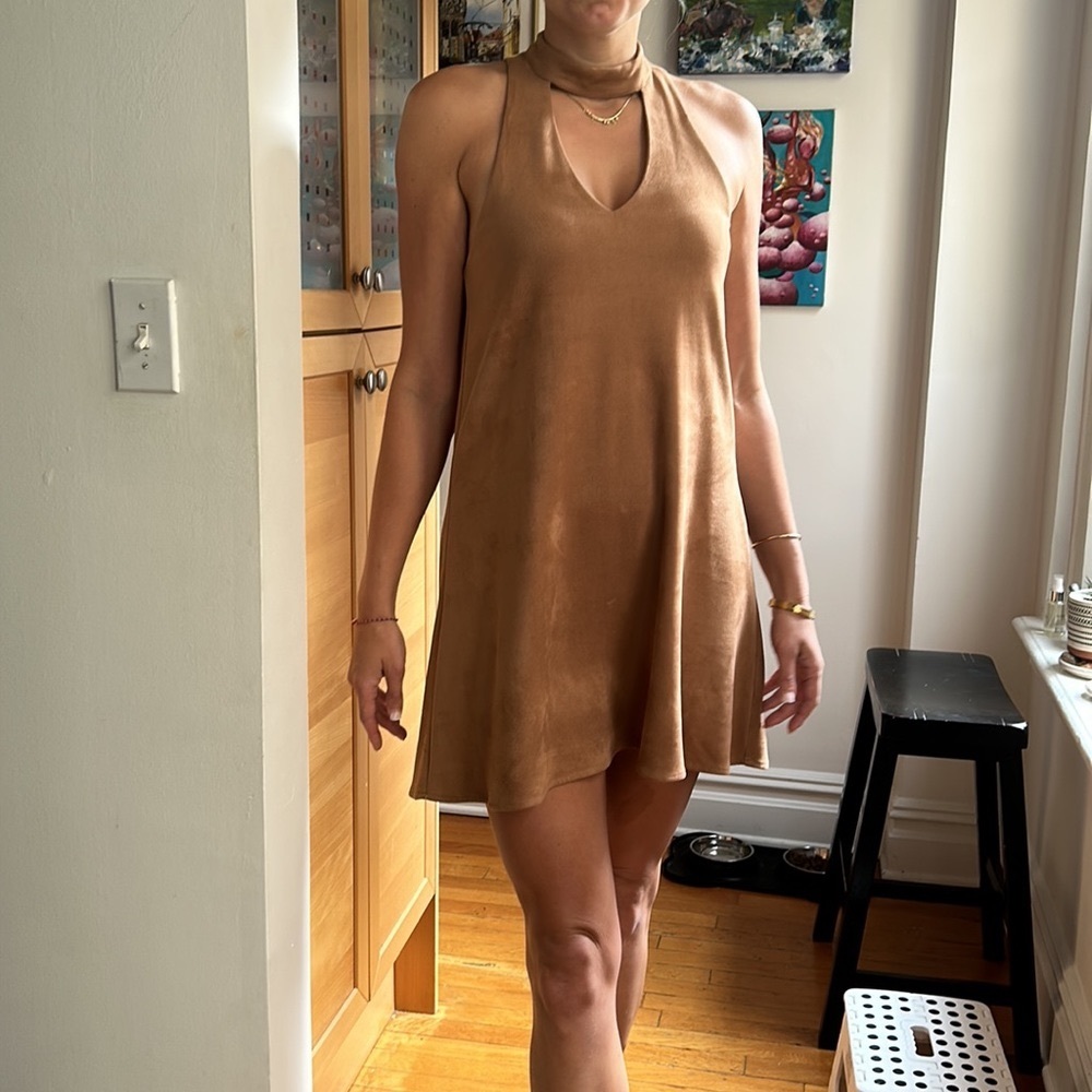 Tan suede high neck mini dress
